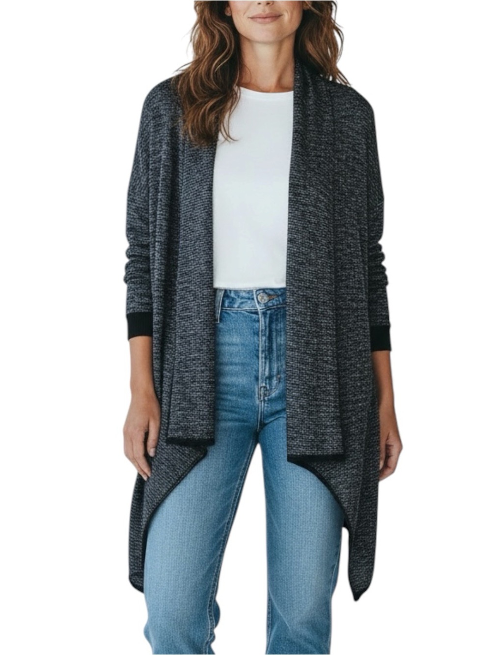 EILEEN FISHER Linen Blend Open Front Long Cardigan in Blue/Black Size Large